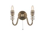 Lexo Wall Lamp Pull Switch (FRAME ONLY) Without Shade, 2 Light E27, Antique Brass/Clear Crystal