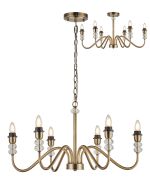 Lexo 74cm Multi Arm Pendant/Semi Flush (FRAME ONLY) Without Shade, 6 Light E27, c/w 1.5m Chain, Antique Brass/Clear Crystal