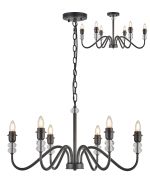 Lexo 74cm Multi Arm Pendant/Semi Flush (FRAME ONLY) Without Shade, 6 Light E27, c/w 1.5m Chain, Satin Black/Clear Crystal