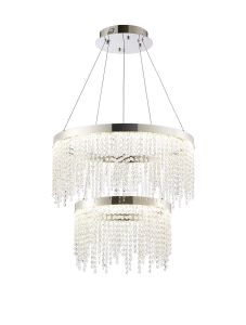 Bano 61.5cm Round 2 Tier Dimmable Pendant 47W LED, 4000K, 4700lm, Polished Chrome / Crystal Chain, 3yrs Warranty