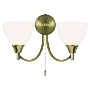 Alton 2 Light E14 Antique Brass Wall Light With Pull Cord Switch C/W Matt Opal Glass Shades