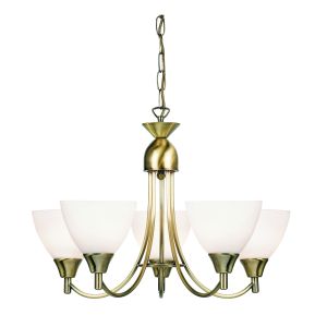 Alton 5 Light E14 Antique Brass Adjustable Ceiling Pendant C/W Matt Opal Glass Shades