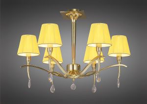 Siena 63cm Semi Flush Round 6 Light E14, Polished Brass With Amber Cream Shades And Clear Crystal