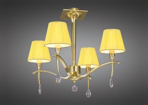 Siena 55cm Semi Flush Round 4 Light E14, Polished Brass With Amber Cream Shades And Clear Crystal