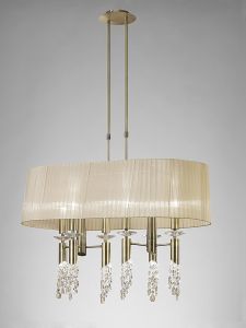 Tiffany Pendant 6+6 Light E27+G9 Oval, Antique Brass With Soft Bronze Shade & Clear Crystal