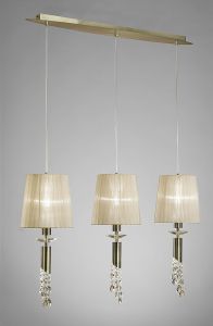 Tiffany Linear Pendant 3+3 Light E27+G9 Line, Antique Brass With Soft Bronze Shades & Clear Crystal