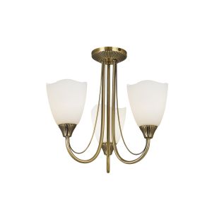 Haughton 3 Light E14 Antique Brass Semi Flush Fitting C/W Opal Glass Shades