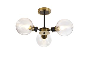 Jestero 53cm Semi Ceiling, 3 Light E14 With 15cm Round Ribbed Glass Shade, Brass, Clear & Satin Black