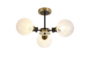 Jestero 53cm Semi Ceiling, 3 Light E14 With 15cm Round Speckled Glass Shade, Brass, White & Satin Black