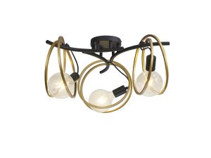 Clarus 65cm Double Ring Ceiling Flush, 3 Light E27, Matt Black / Painted Gold, G95/120 Lamp Recommended