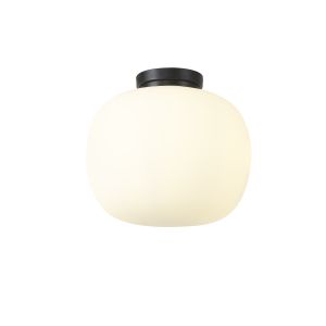 Horus 30cm Medium Oval Ball Flush Fitting 1 Light E27 Matt Black Base With Frosted White Glass Globe