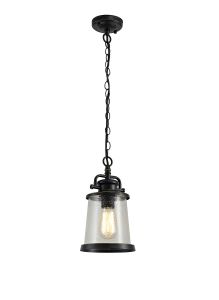 Semearia 17cm Pendant, 1 x E27, Black/Gold With Seeded Clear Glass, IP54, 2yrs Warranty