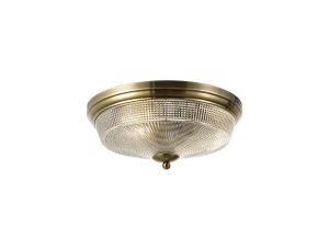 Arvo 34cm 2 Light E27 Flush Ceiling Light, Antique Brass/Prismatic Glass