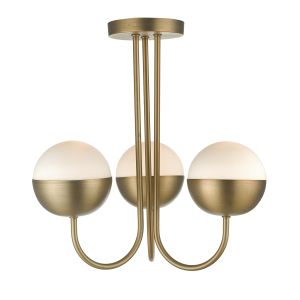 Andrea 3 Light E14 Aged Brass Semi Flush Ceiling Light With Opal Glass Shade