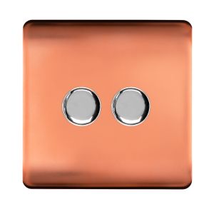 Trendi, Artistic Modern 2 Gang 2 Way LED Dimmer Switch 5-150W LED / 120W Tungsten Per Dimmer, Copper Finish, (35mm Back Box Required), 5yrs Warranty