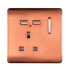 Trendi, Artistic Modern 1 Gang 13Amp Switched Socket WIth 2 x USB Ports Copper Finish, BRITISH MADE, (35mm Back Box Required), 5yrs Warranty