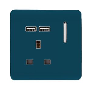 Trendi, Artistic Modern 1 Gang 13Amp Switched Socket WIth 2 x USB Ports Midnight Blue Finish, BRITISH MADE, (35mm Back Box Required), 5yrs Warranty