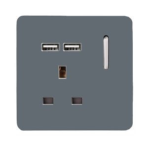 Trendi, Artistic Modern 1 Gang 13Amp Switched Socket WIth 2 x USB Ports Warm Grey Finish, BRITISH MADE, (35mm Back Box Required), 5yrs Warranty