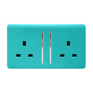 Trendi, Artistic Modern 2 Gang 13Amp Long Switched Double Socket Bright Teal Finish, BRITISH MADE, (25mm Back Box Required), 5yrs Warranty