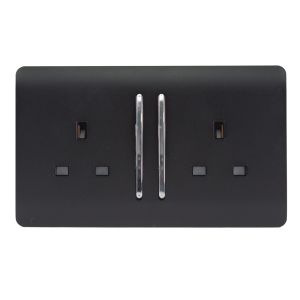 Trendi, Artistic Modern 2 Gang 13Amp Long Switched Double Socket Matt Black Finish, BRITISH MADE, (25mm Back Box Required), 5yrs Warranty