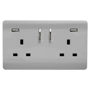 Trendi, Artistic 2 Gang 13Amp Short S/W Double Socket With 2x2.1Mah USB Brushed Steel Finish, BRITISH MADE, (35mm Back Box Required), 5yrs Warranty