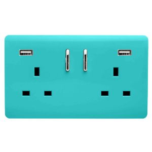 Trendi, Artistic 2 Gang 13Amp Short S/W Double Socket With 2x2.1Mah USB Bright Teal Finish, BRITISH MADE, (35mm Back Box Required), 5yrs Warranty