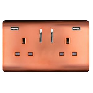 Trendi, Artistic 2 Gang 13Amp Short S/W Double Socket With 2x2.1Mah USB Copper Finish, BRITISH MADE, (35mm Back Box Required), 5yrs Warranty