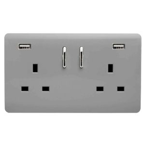 Trendi, Artistic 2 Gang 13Amp Short S/W Double Socket With 2x2.1Mah USB Light Grey Finish, BRITISH MADE, (35mm Back Box Required), 5yrs Warranty