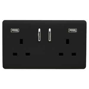 Trendi, Artistic Modern 2 Gang 13Amp Short S/W Double Socket With 2x2.1Mah USB Matt Black Finish, BRITISH MADE (35mm Back Box Required) 5yrs Warranty