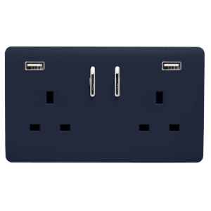 Trendi, Artistic 2 Gang 13Amp Short S/W Double Socket With 2x2.1Mah USB Navy Finish, BRITISH MADE, (35mm Back Box Required), 5yrs Warranty