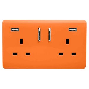 Trendi, Artistic 2 Gang 13Amp Short S/W Double Socket With 2x2.1Mah USB Orange Finish, BRITISH MADE, (35mm Back Box Required), 5yrs Warranty