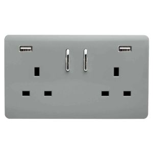 Trendi, Artistic Modern 2 Gang 13Amp Short S/W Double Socket With 2x2.1Mah USB Silver Finish, BRITISH MADE, (35mm Back Box Required), 5yrs Warranty