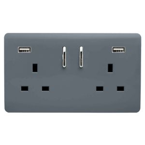 Trendi, Artistic 2 Gang 13Amp Short S/W Double Socket With 2x2.1Mah USB Warm Grey Finish, BRITISH MADE, (35mm Back Box Required), 5yrs Warranty