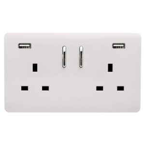 Trendi, Artistic Modern 2 Gang 13Amp Short S/W Double Socket, 2x2.1Mah USB Ice White Finish, BRITISH MADE, (35mm Back Box Required), 5yrs Warranty