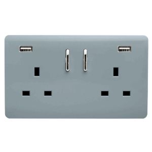 Trendi, Artistic Modern 2 Gang USB 2x3.1mAH Plug Socket Cool Grey Finish, BRITISH MADE, (35mm Back Box Required), 5yrs Warranty