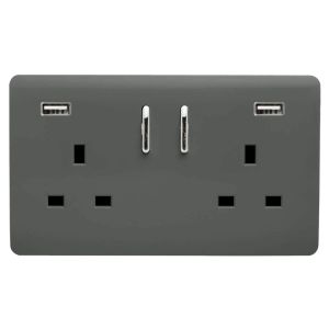 Trendi, Artistic Modern 2 Gang USB 2x3.1mAH Plug Socket Charcoal Finish, BRITISH MADE, (35mm Back Box Required), 5yrs Warranty