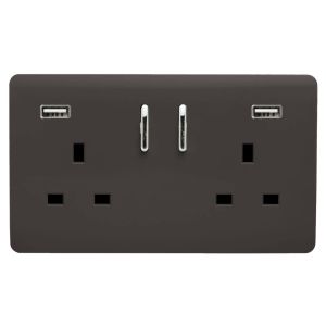 Trendi, Artistic Modern 2 Gang USB 2x3.1mAH Plug Socket Dark Brown Finish, BRITISH MADE, (35mm Back Box Required), 5yrs Warranty