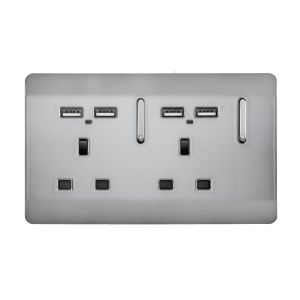 Trendi, Artistic 2 Gang 13Amp Switched Double Socket With 4X 2.1Mah USB Brushed Steel Finish, BRITISH MADE, (45mm Back Box Required), 5yrs Warranty