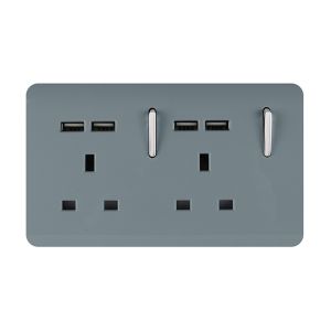 Trendi, Artistic 2 Gang 13Amp Switched Double Socket With 4X 2.1Mah USB Cool Grey Finish, BRITISH MADE, (45mm Back Box Required), 5yrs Warranty