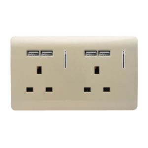 Trendi, Artistic Modern 2 Gang 13A Switched Double Socket With 4X 2.1Mah USB Champagne Gold Finish, BRITISH MADE, (45mm Back Box Required) 5yrs Wrnty