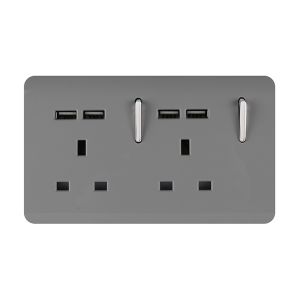 Trendi, Artistic 2 Gang 13Amp Switched Double Socket With 4X 2.1Mah USB Light Grey Finish, BRITISH MADE, (45mm Back Box Required), 5yrs Warranty