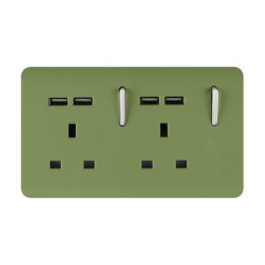 Trendi, Artistic 2 Gang 13Amp Switched Double Socket With 4X 2.1Mah USB Moss Green Finish, BRITISH MADE, (45mm Back Box Required), 5yrs Warranty