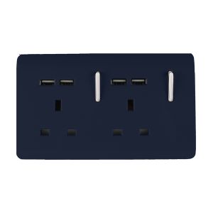 Trendi, Artistic Modern 2 Gang 13A Switched Double Socket With 4X 2.1Mah USB Navy Blue Finish, BRITISH MADE, (45mm Back Box Required), 5yrs Warranty