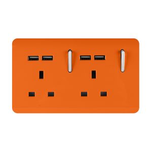 Trendi, Artistic 2 Gang 13Amp Switched Double Socket With 4X 2.1Mah USB Orange Finish, BRITISH MADE, (45mm Back Box Required), 5yrs Warranty