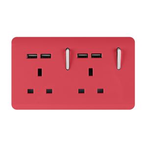 Trendi, Artistic 2 Gang 13Amp Switched Double Socket With 4X 2.1Mah USB Strawberry Finish, BRITISH MADE, (45mm Back Box Required), 5yrs Warranty