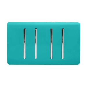 Trendi, Artistic Modern 4 Gang  (3x 2 Way 1x 3 Way Intermediate Twin Plate) Bright Teal Finish, BRITISH MADE, (25mm Back Box Required), 5yrs Warranty