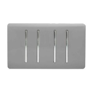 Trendi, Artistic Modern 4 Gang  (3x 2 Way 1x 3 Way Intermediate Twin Plate) Light Grey Finish, BRITISH MADE, (25mm Back Box Required), 5yrs Warranty