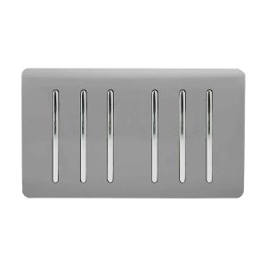 Trendi, Artistic Modern 6 Gang 2 Way 10 Amp Rocker Twin Plate Light Grey Finish, BRITISH MADE, (35mm Back Box Required), 5yrs Warranty