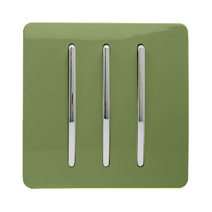 Trendi, Artistic Modern 3 Gang 2 Way 10 Amp Rocker Moss Green Finish, BRITISH MADE, (25mm Back Box Required), 5yrs Warranty