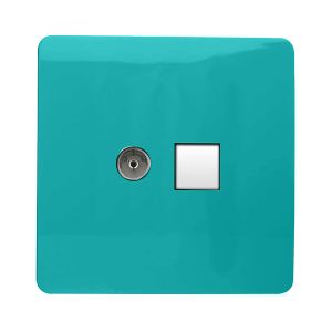 Trendi, Artistic Modern TV Co-Axial & RJ11 Telephone Bright Teal Finish, BRITISH MADE, (35mm Back Box Required), 5yrs Warranty